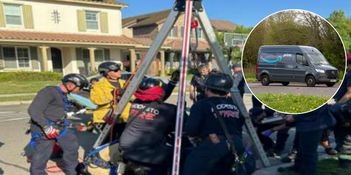 NextImg:Amazon delivery driver falls down 12 foot hole just seconds after stepping out of vehicle