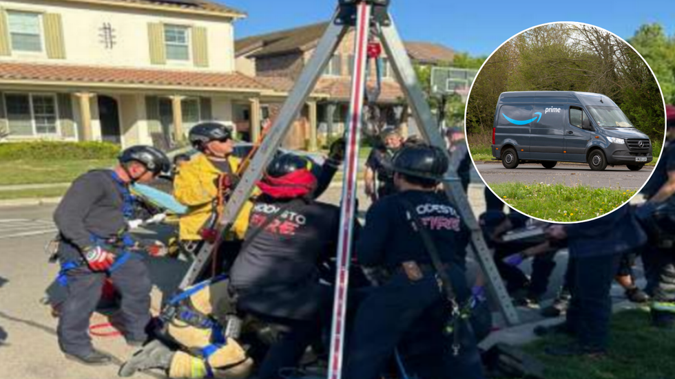 Emergency service workers lifting the man out/Amazon van