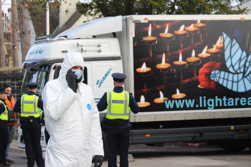 Emergency services attend after a large lorry crashed into the gates of the Russian Embassy in Dublin. One man has been arrested by Irish police on Monday. Picture date: Monday March 7, 2022.