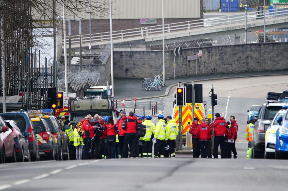 Emergency workers gather in Albert Road near to the Torpoint Ferry crossing in Plymouth
