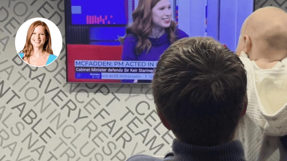 Emily Carver (left), Patrick Christys and his baby (right)