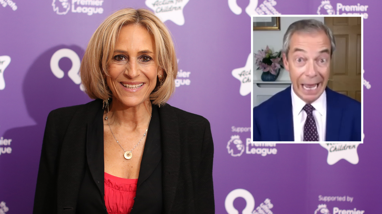 Emily Maitlis (left), Nigel Farage (right)
