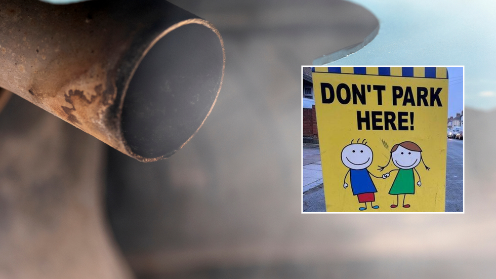 emission fumes from car and no parking sign