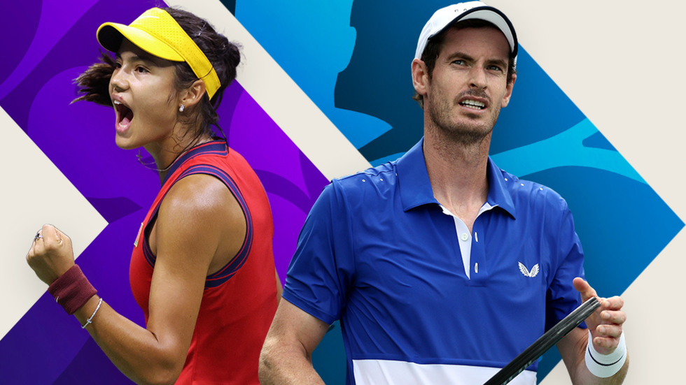 Emma Raducanu and Andy Murrya pictured in promotional shots for live tennis coverage