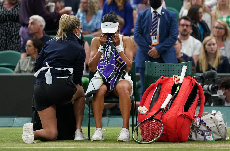 Emma Raducanu appeared to be struggling during a break in the match against Ajla Tomljanovic in their Ladies' Singles Round of 16 match on day seven of Wimbledon