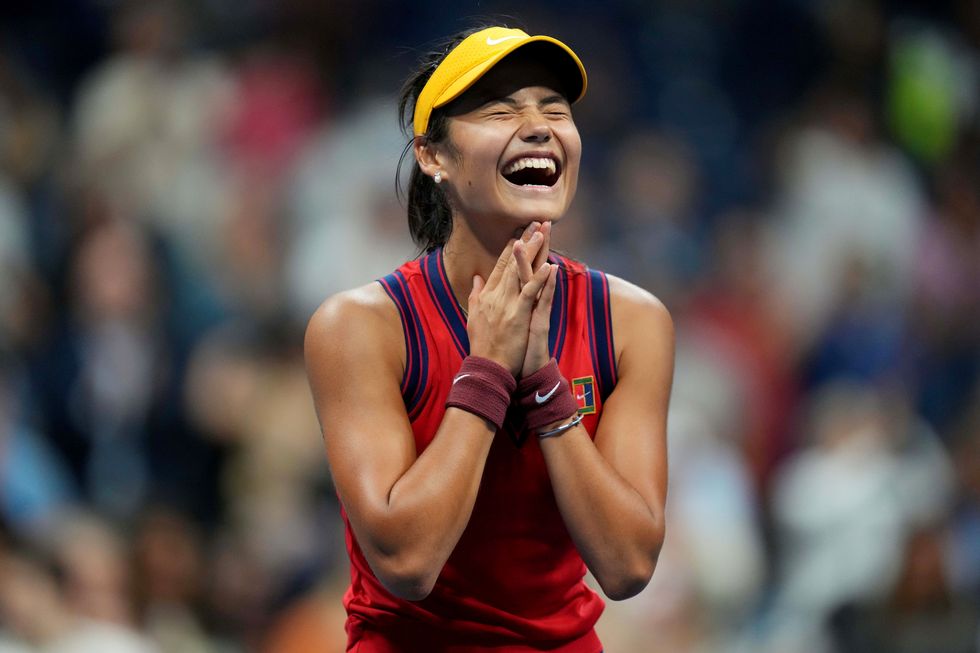 Emma Raducanu of Great Britain celebrates after match point against Maria Sakkari of Greece (not pictured) on day eleven of the 2021 U.S. Open tennis tournament.