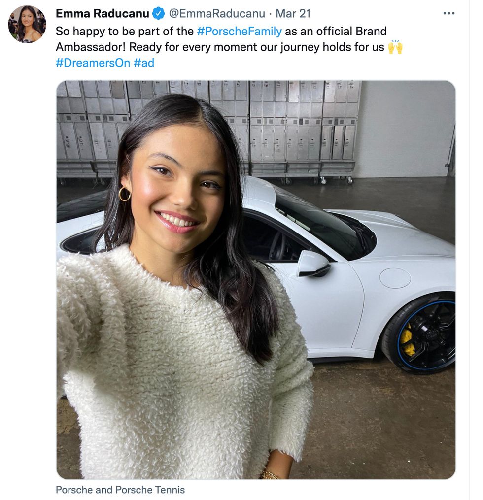 Emma Raducanu promoting Porsche on her social media