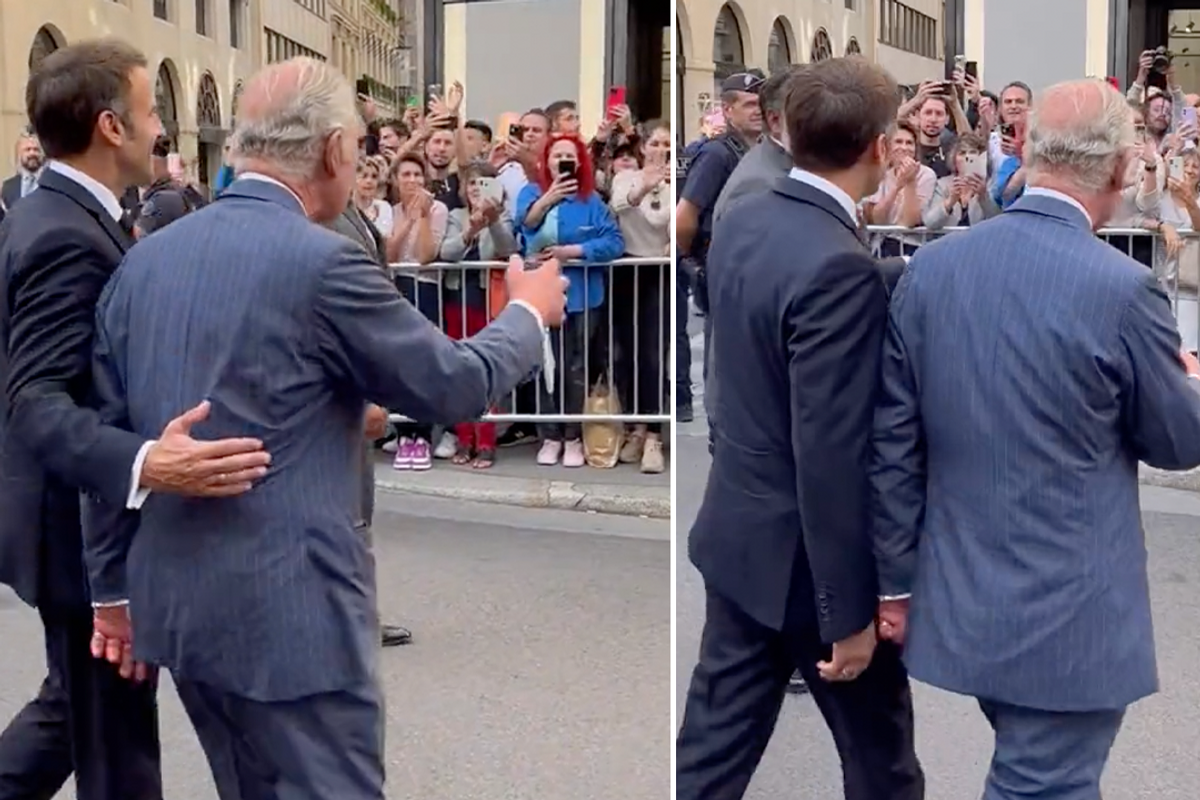 Emmanuel Macron and King Charles greet crowds