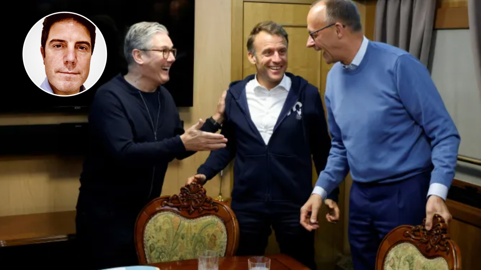 Emmanuel Macron (centre) with Sir Keir Starmer and Friedrich Merz on a train from Poland to Ukraine