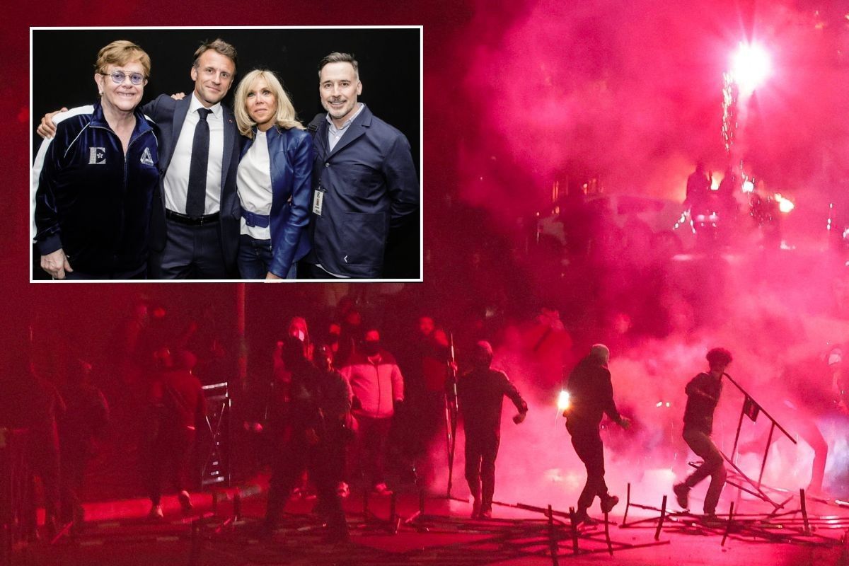 Emmanuel Macron (inset) attended an Elton John concert while chaos continued in France