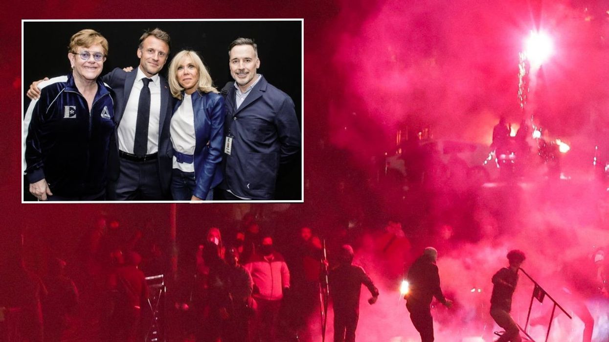 Emmanuel Macron (inset) attended an Elton John concert while chaos continued in France