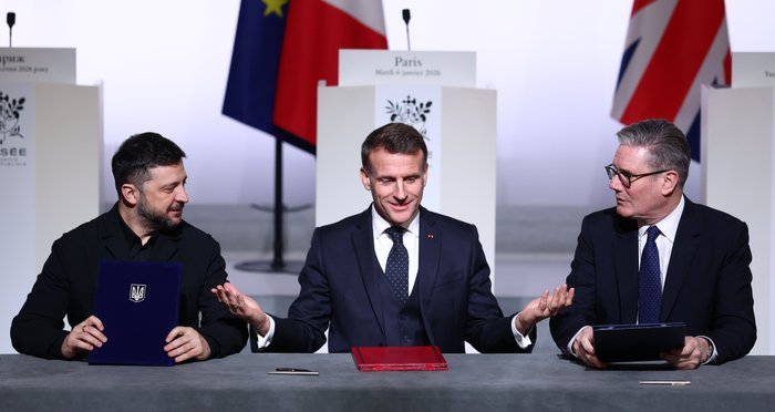 Emmanuel Macron, Volodymyr Zelensky and Keir Starmer