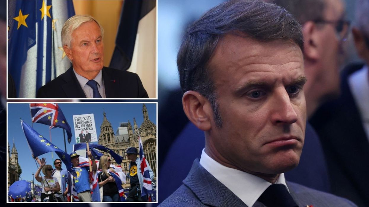 Emmanuel Macron with an inset of Michel Barnier and pro-EU campaigners