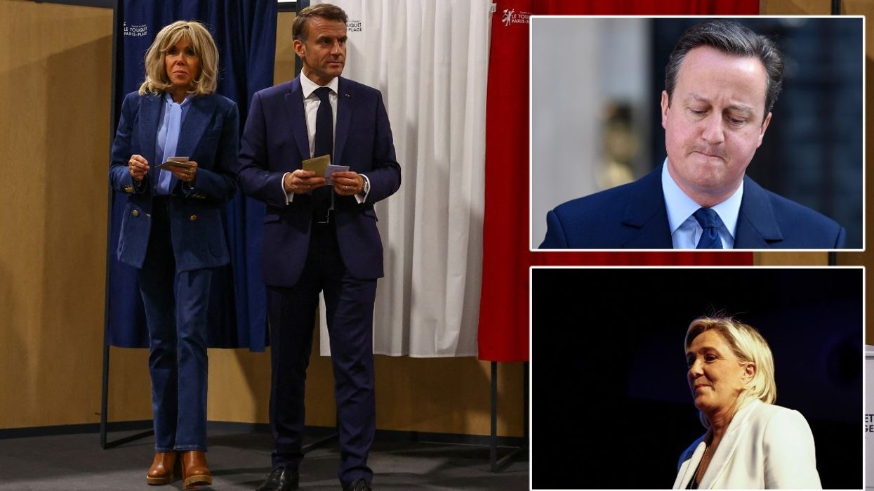 Emmanuel Macron with insets of David Cameron and Marine Le Pen
