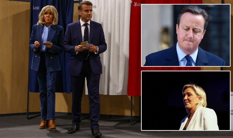 Emmanuel Macron with insets of David Cameron and Marine Le Pen