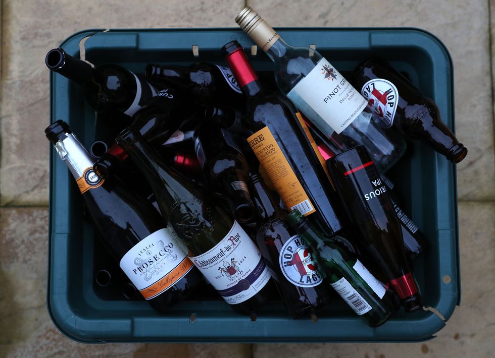 Empty bottles of alcohol in a recycling box.