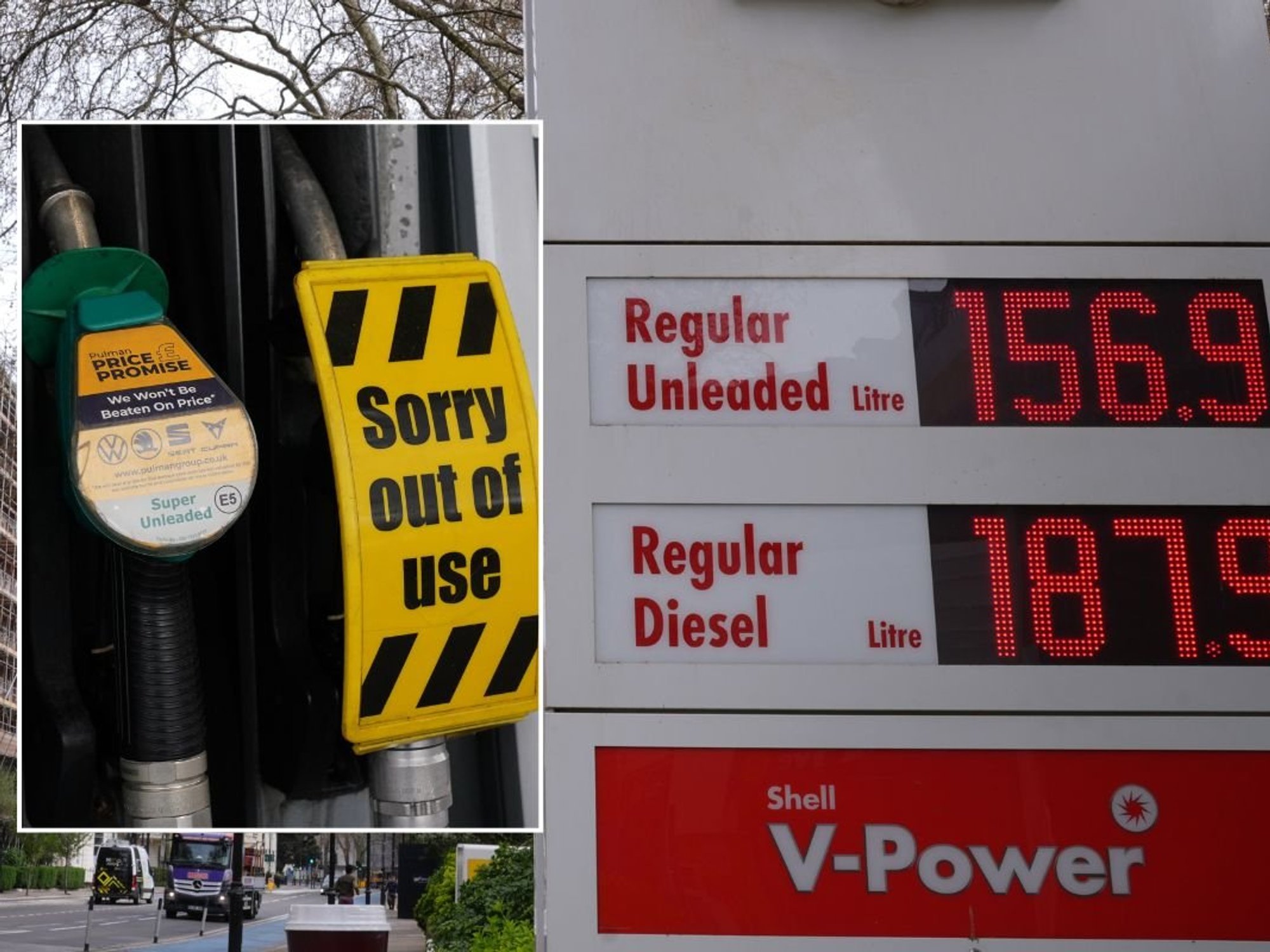 Empty fuel pump and petrol and diesel prices at a filling station
