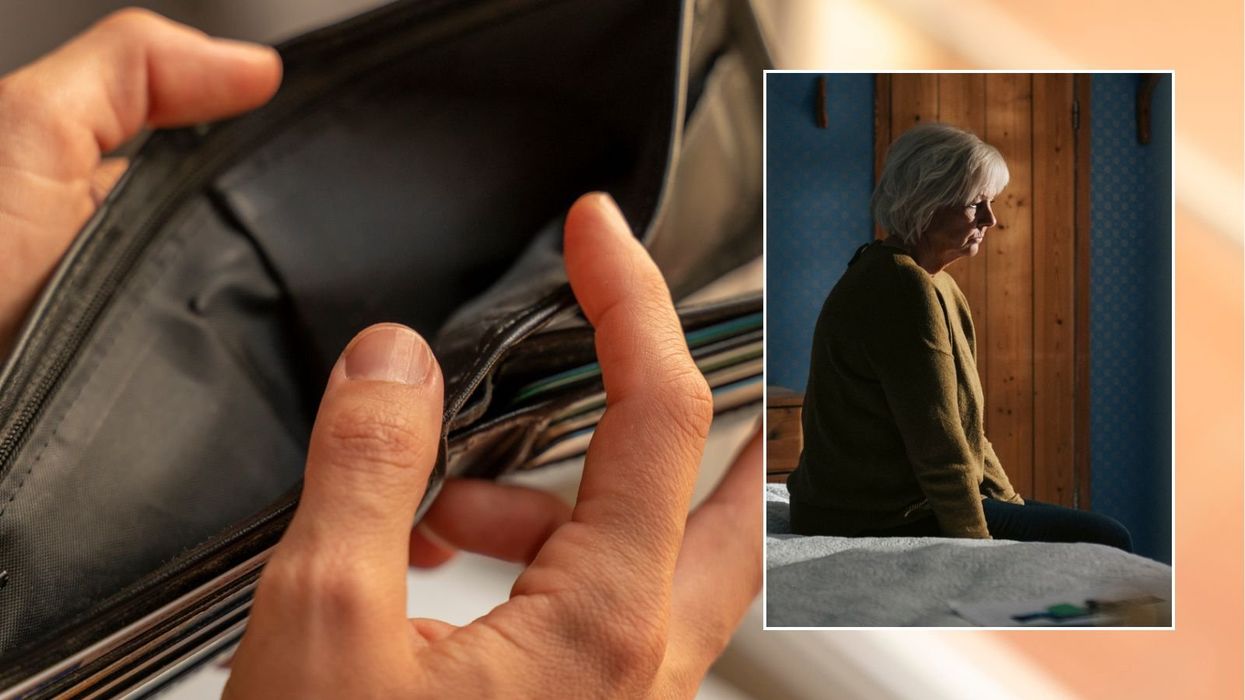 Empty purse and worried woman