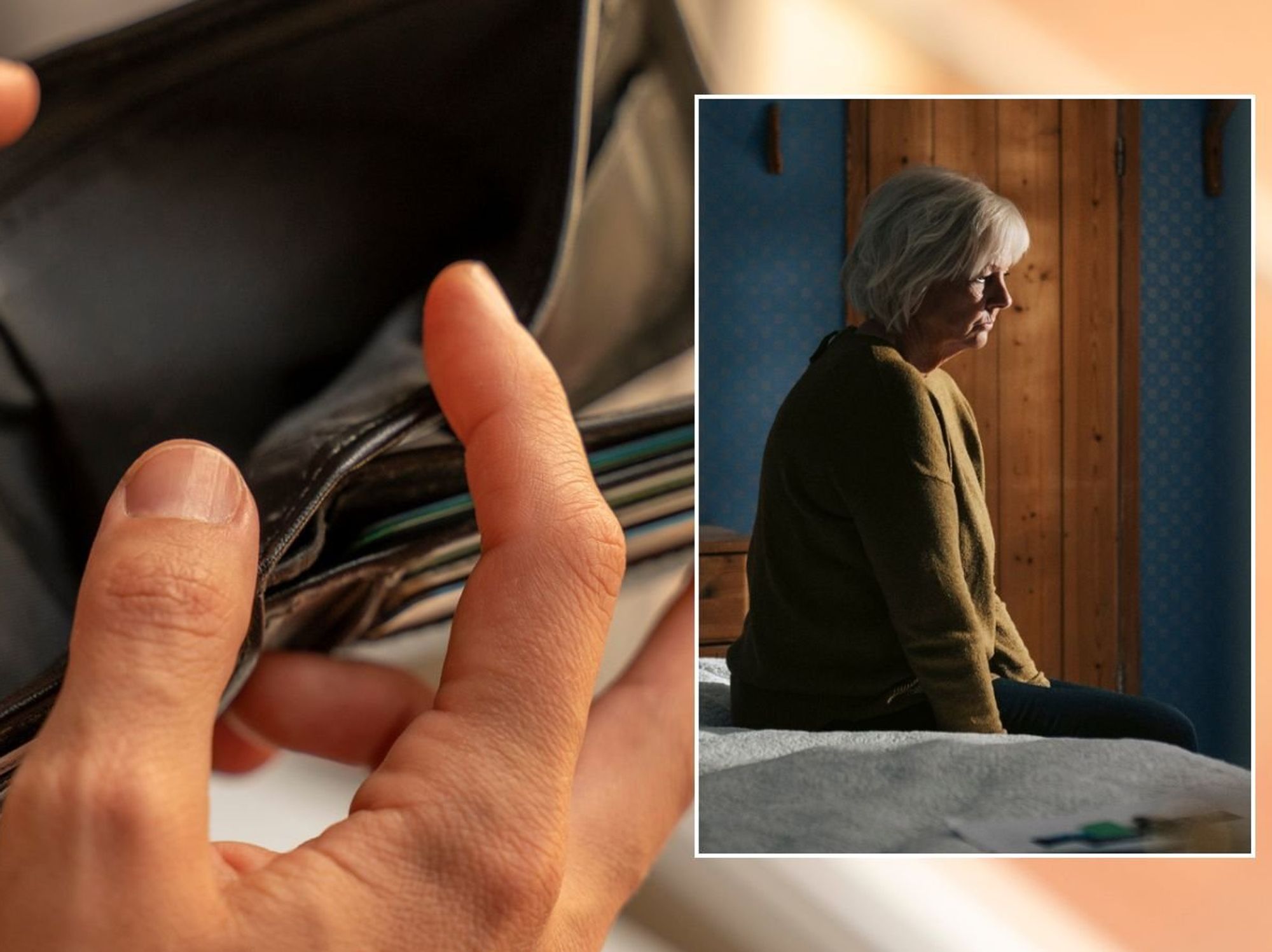 Empty purse and worried woman