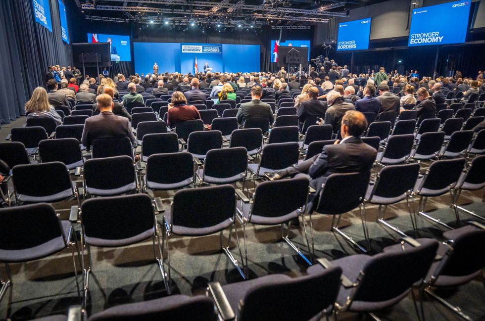 Empty seats in the auditorium as shadow chancellor Sir Mel Stride makes a speech during the Conservative Party Conference at the Manchester Central Convention Complex