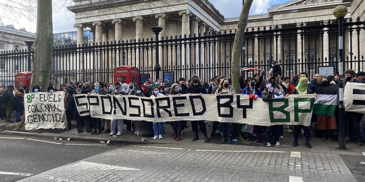 NextImg:Eco-warriors and pro-Palestine activists join forces to block entry into British Museum as guests forced to EVACUATE