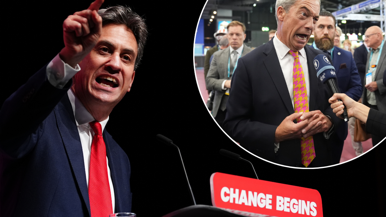 Energy Secretary Ed Miliband speaking at Labour Party conference in Liverpool last month. Inset image of Nigel Farage interviewed at Reform UK's party conference last month.