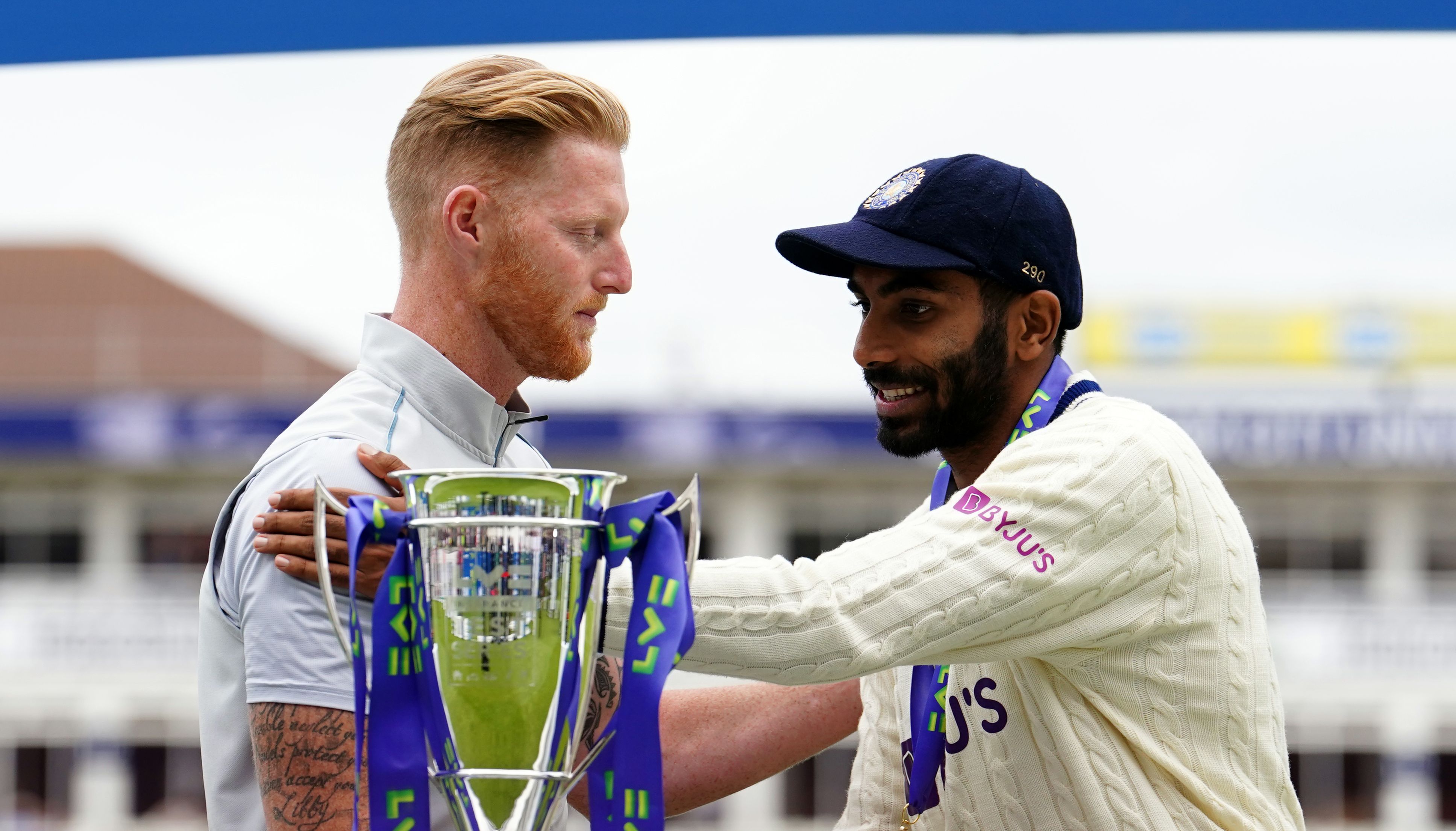 England captain Ben Stokes with India captain Jasprit Bumrah on day five of the fifth Test