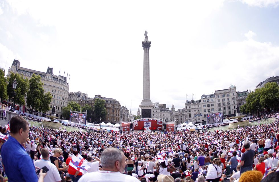 England fans during a fan celebration to commemorate England's historic UEFA Women's EURO 2022 triumph in Trafalgar Square, London. Picture date: Monday August 1, 2022.