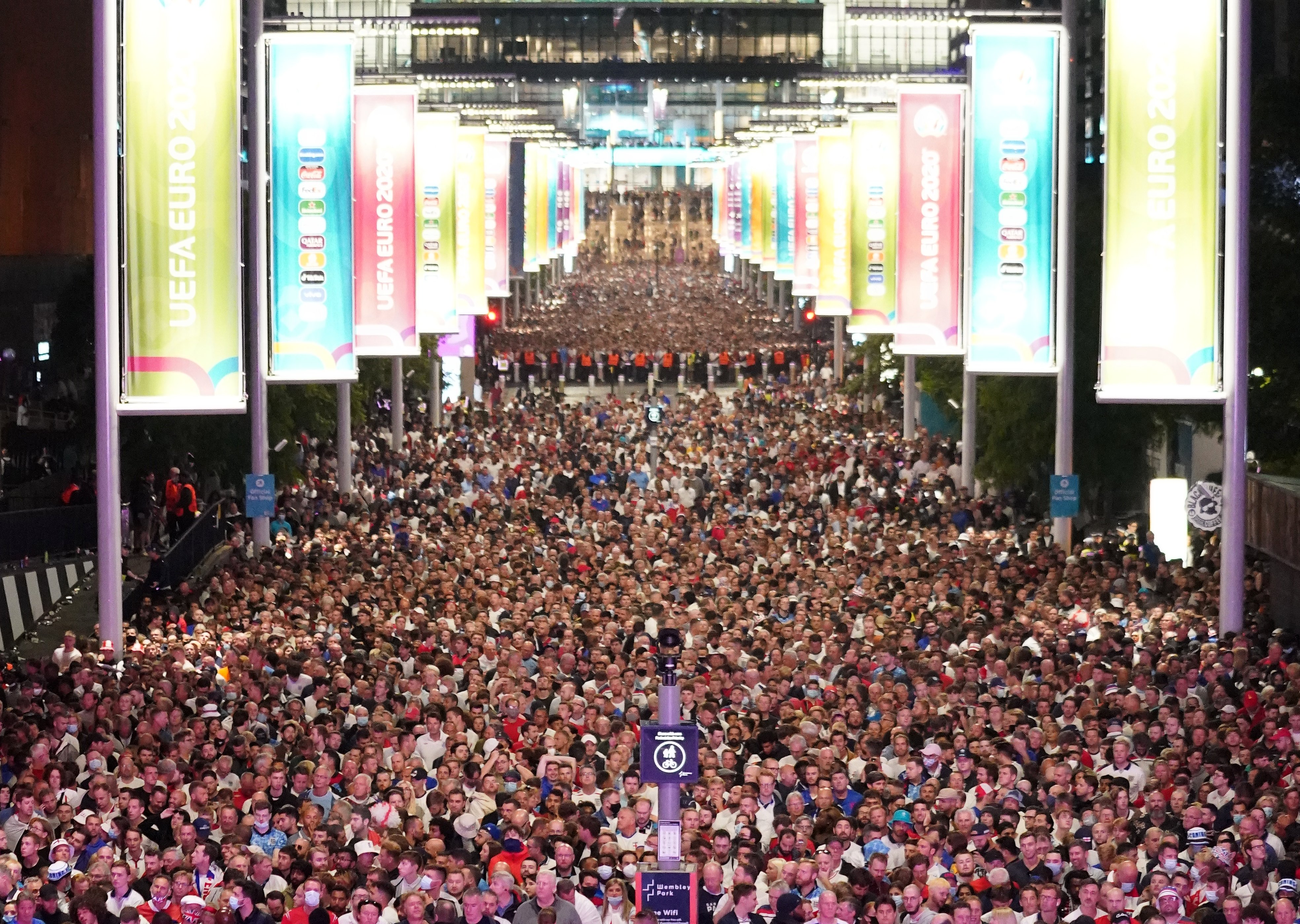 England fans outside the ground ahead of the UEFA Euro 2020 Final at Wembley Stadium, London.