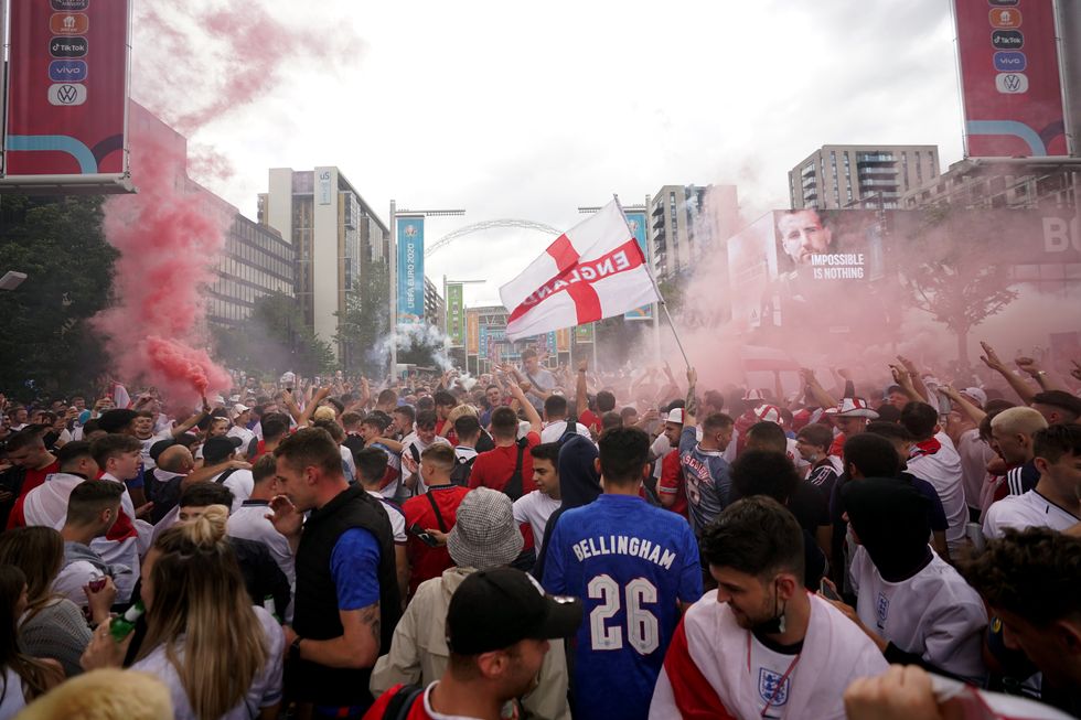 England fans outside the ground ahead of the UEFA Euro 2020 Final at Wembley Stadium.