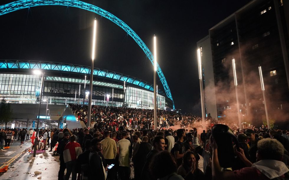 England fans outside the ground during the UEFA Euro 2020 Final at Wembley Stadium.