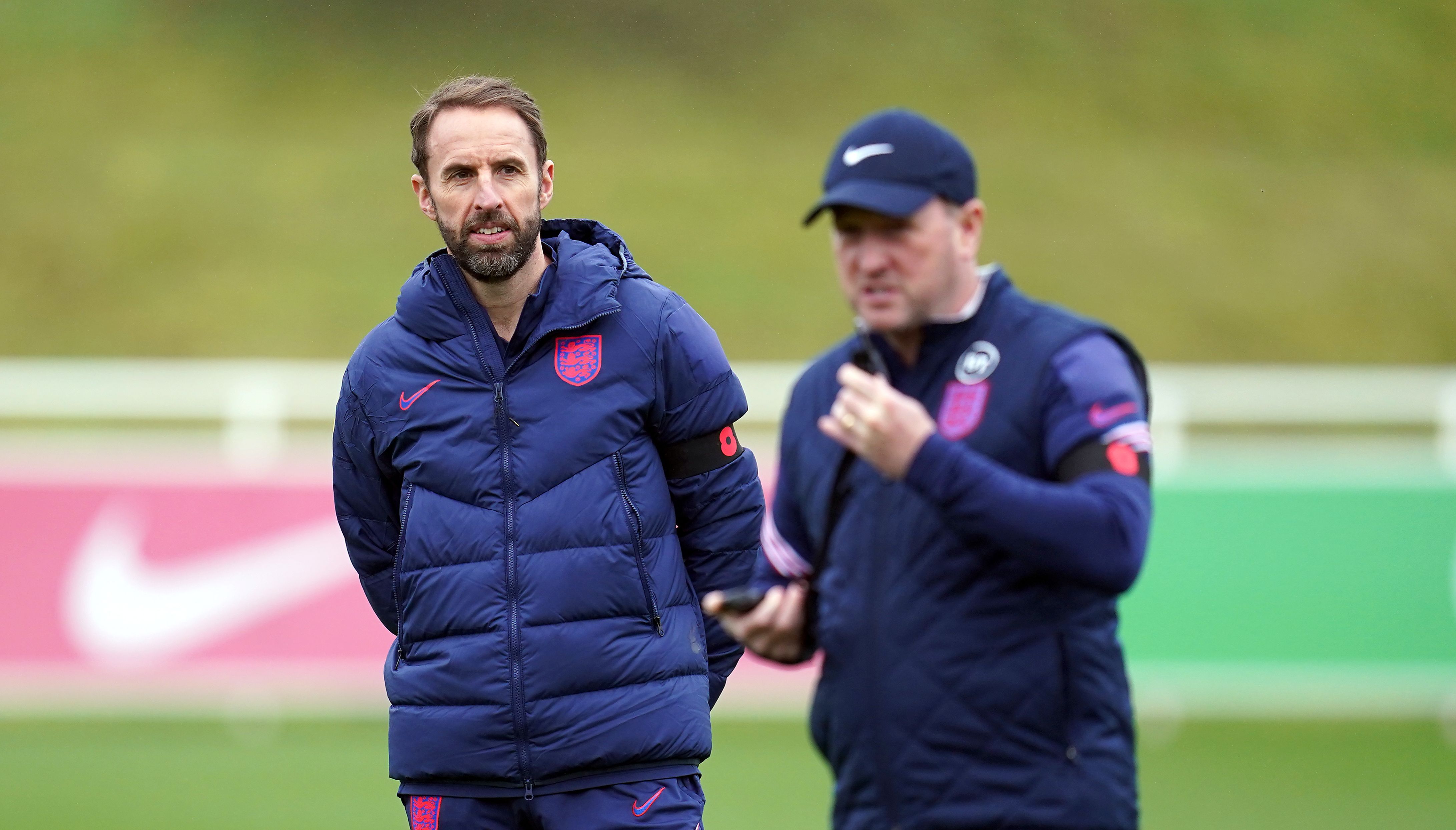 England manager Gareth Southgate and assistant Steve Holland (right) during a training session at St George's Park, Burton-upon-Trent.