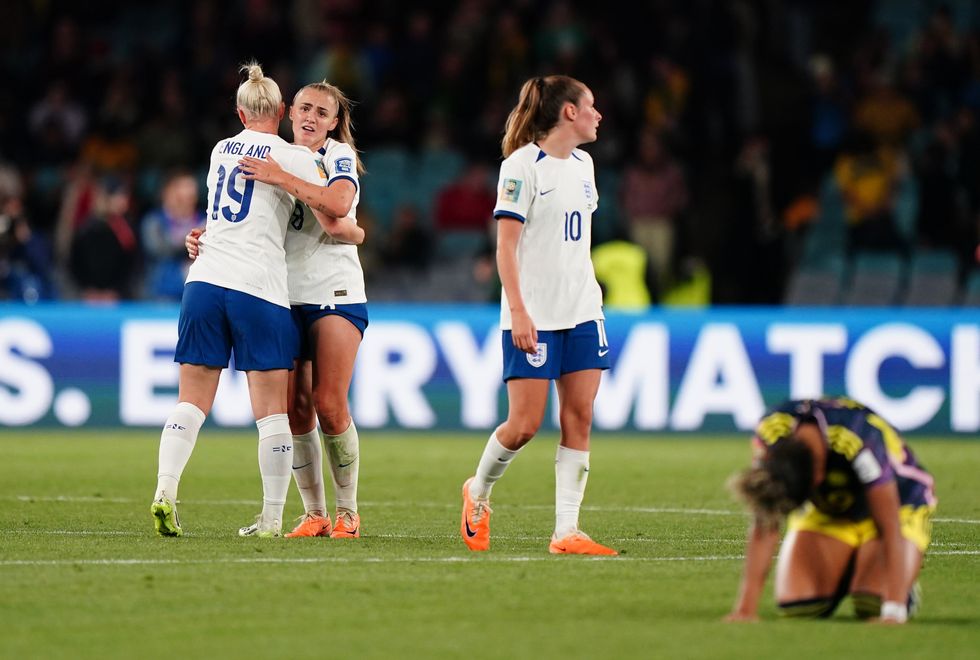 England's Beth England, Georgia Stanway and Ella Toone celebrate victory after the FIFA Women's World Cup quarter-final at Stadium Australia, Sydney