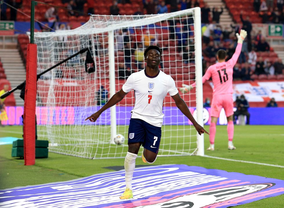 England's Bukayo Saka celebrates scoring their side's first goal during their International Friendly against Austria at The Riverside Stadium.