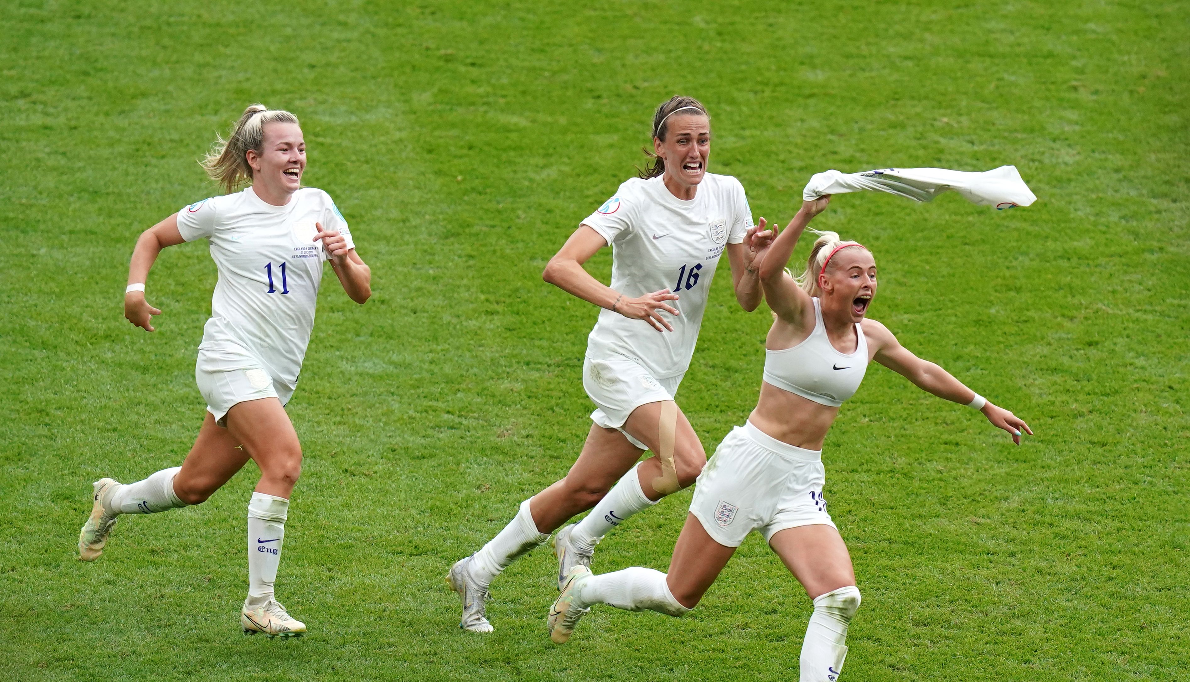 England's Chloe Kelly (right) celebrates scoring their side's second goal of the game during the UEFA Women's Euro 2022 final at Wembley Stadium, London. Picture date: Sunday July 31, 2022.