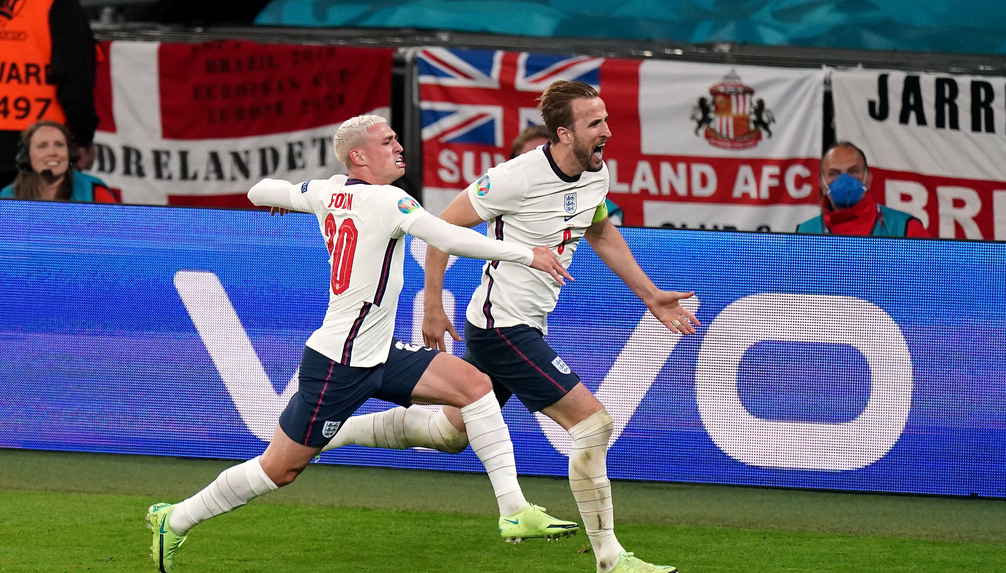 England's Harry Kane celebrates scoring their side's second goal of the game with Phil Foden during the UEFA Euro 2020 semi final match at Wembley Stadium, London. Issue date: Saturday July 10, 2021.