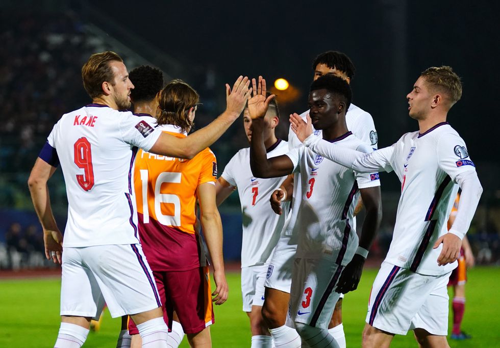 England's Harry Kane celebrates scoring their side's third goal of the game during the FIFA World Cup Qualifying match at the San Marino Stadium, Serravalle.