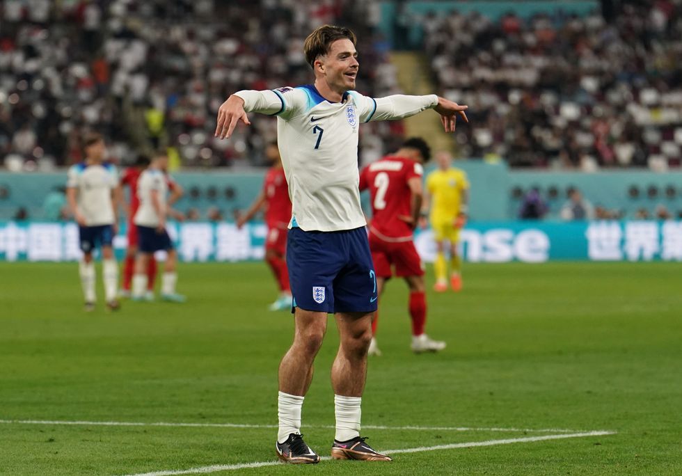 England's Jack Grealish celebrates scoring their side's sixth goal of the game during the FIFA World Cup Group B match at the Khalifa International Stadium in Doha, Qatar. Picture date: Monday November 21, 2022.
