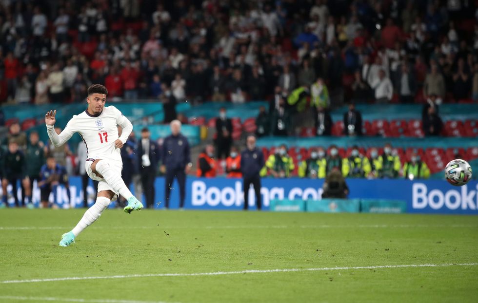 England's Jadon Sancho has his shot saved in the penalty shoot-out during the UEFA Euro 2020 Final at Wembley Stadium