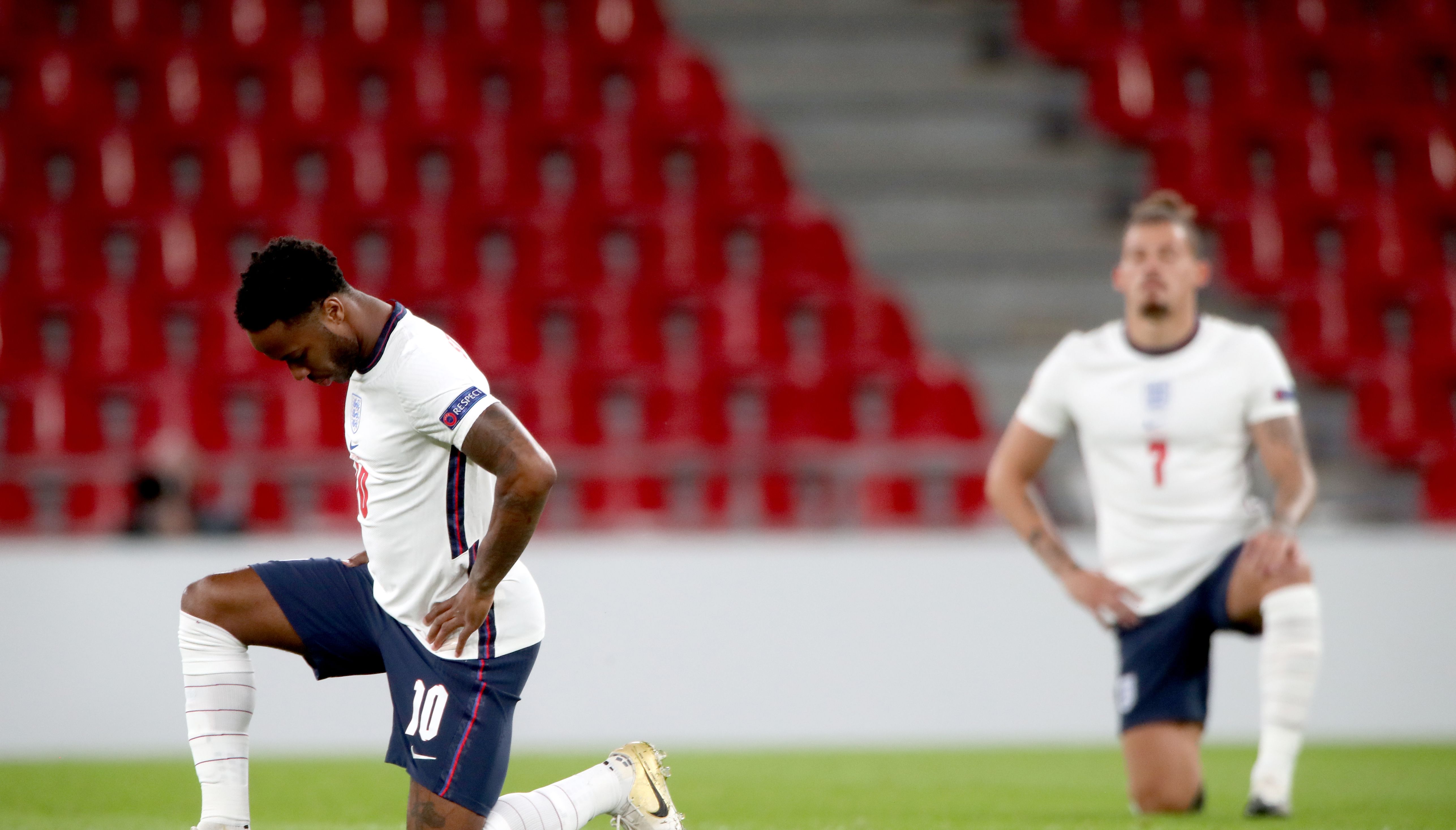 England's Raheem Sterling (left) and Kalvin Phillips taking a knee in support of the Black Lives Matter movement.