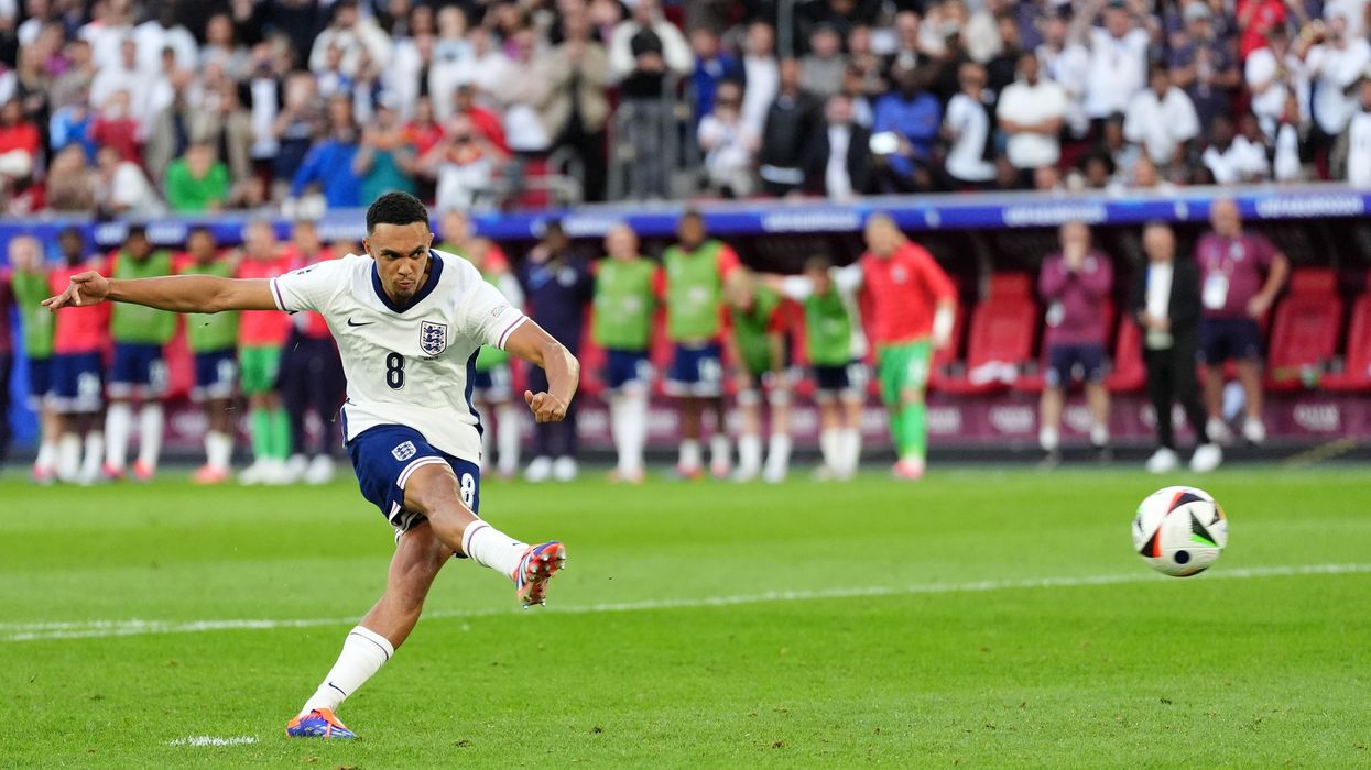 England's Trent Alexander-Arnold scores the winning penalty in the UEFA Euro 2024, quarter-final match at the Dusseldorf Arena, Germany