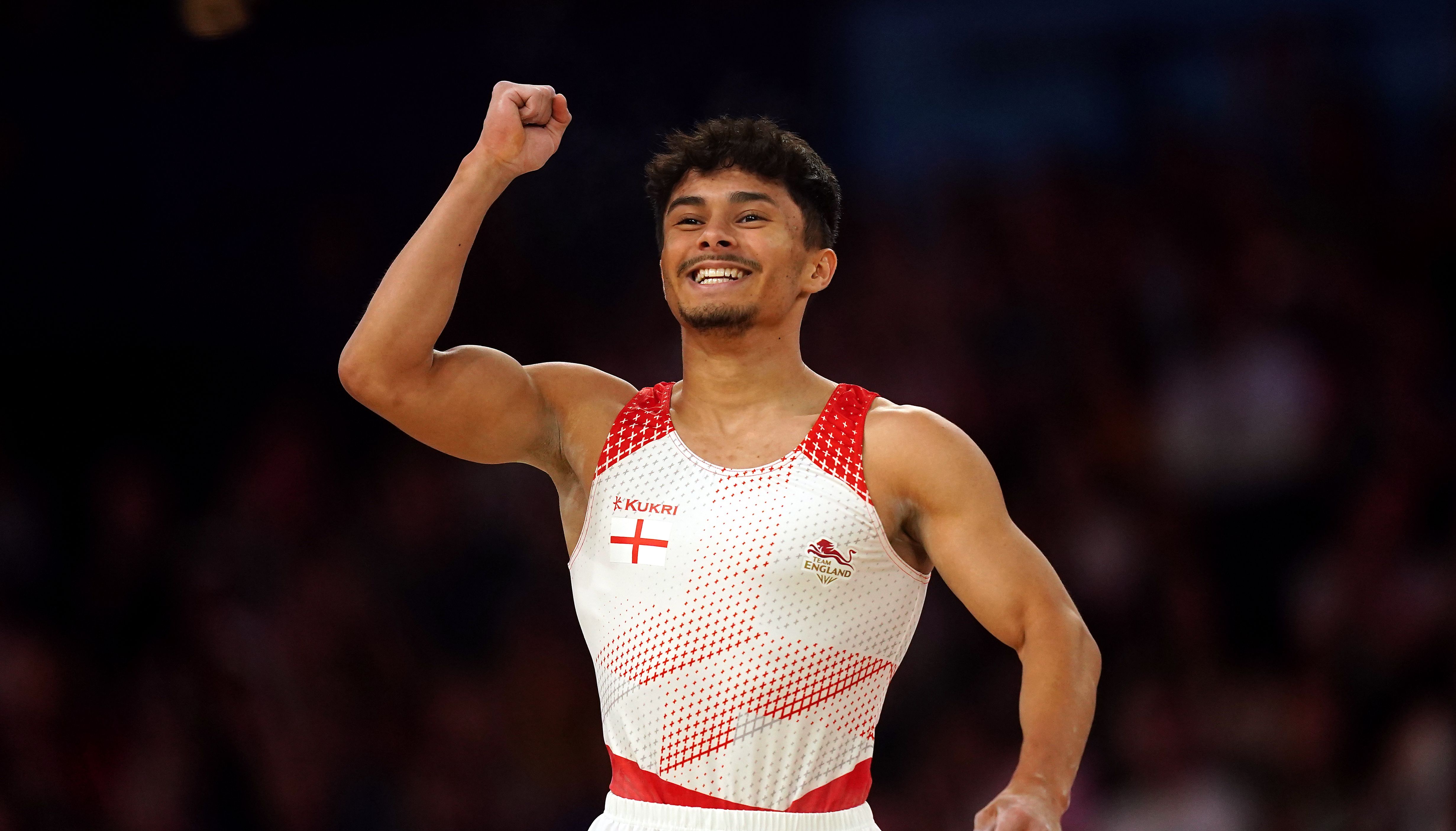 Englands Jake Jarman celebrates winning gold in the Men's Floor Exercise Final at Arena Birmingham on day four of the 2022 Commonwealth Games in Birmingham. Picture date: Monday August 1, 2022.