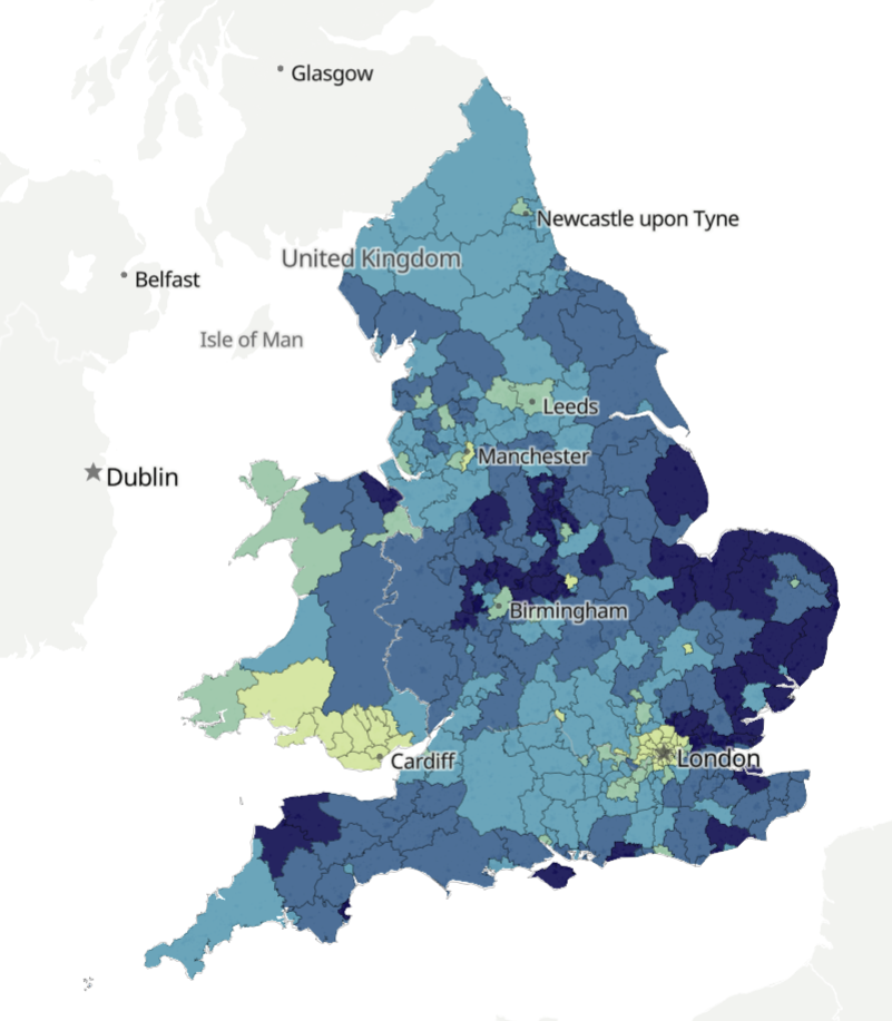 Englishness (shown in dark blue) by local authority area