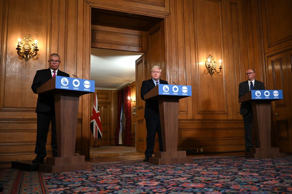 eputy Chief Medical Officer for England Jonathan Van-Tam, Prime Minister Boris Johnson and NHS Chief Executive, Sir Simon Stevens during a media briefing on coronavirus (COVID-19) in Downing Street, London