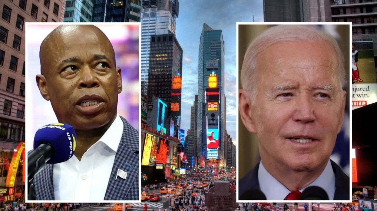 Eric Adams and Joe Biden inset, New York City back image