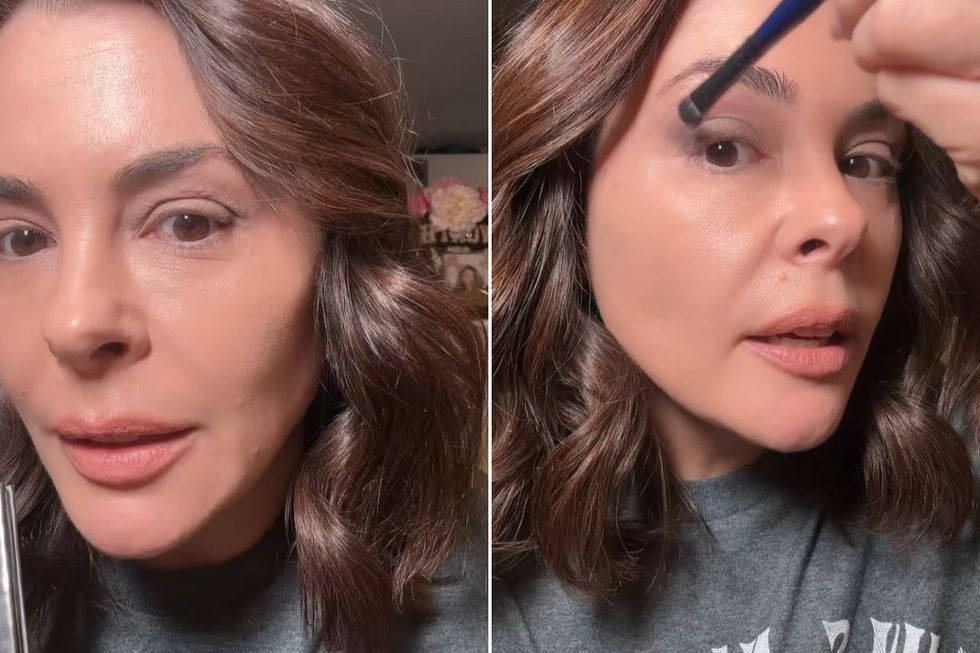 Erica Taylor demonstrating eyeshadow application (left: incorrect and right: correct)