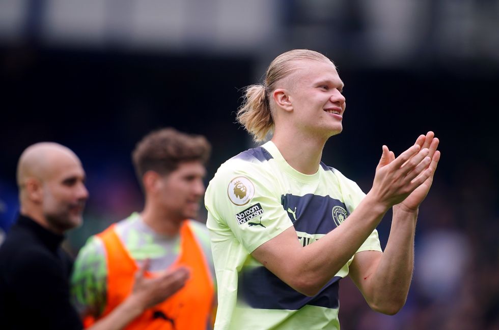 Erling Haaland applauds the Man City fans