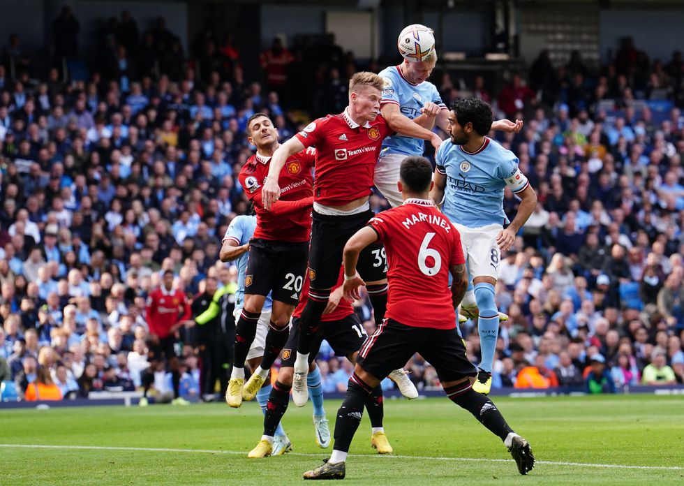 Erling Haaland in action for Manchester City against Manchester United at the Etihad Stadium