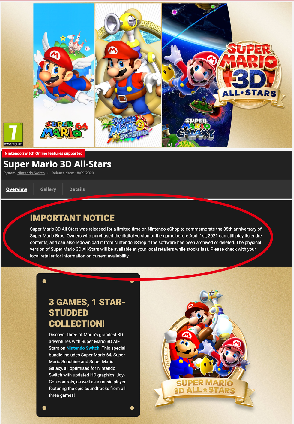 eShop listing for the Super Mario All-Stars collection showing the date its release was removed to drive up scarcity