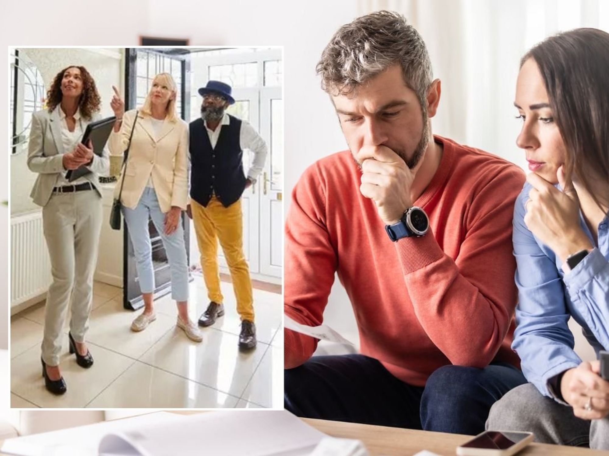 Estate agent showing couple a house / Young couple doing paperwork